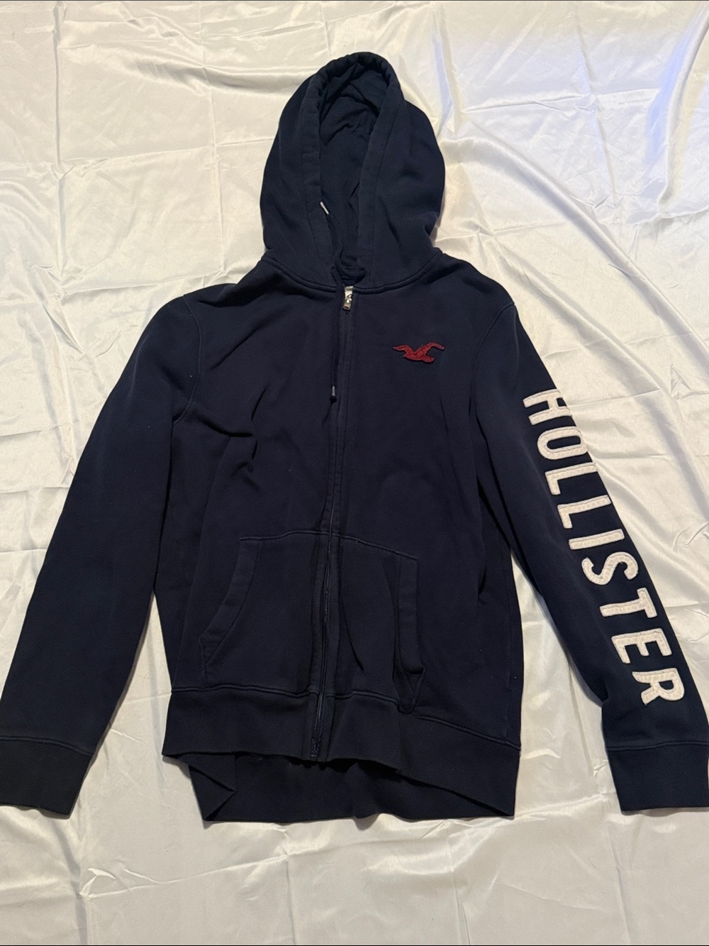 Hollister Kids Navy Zip Hoodie with White Sleeve Logo